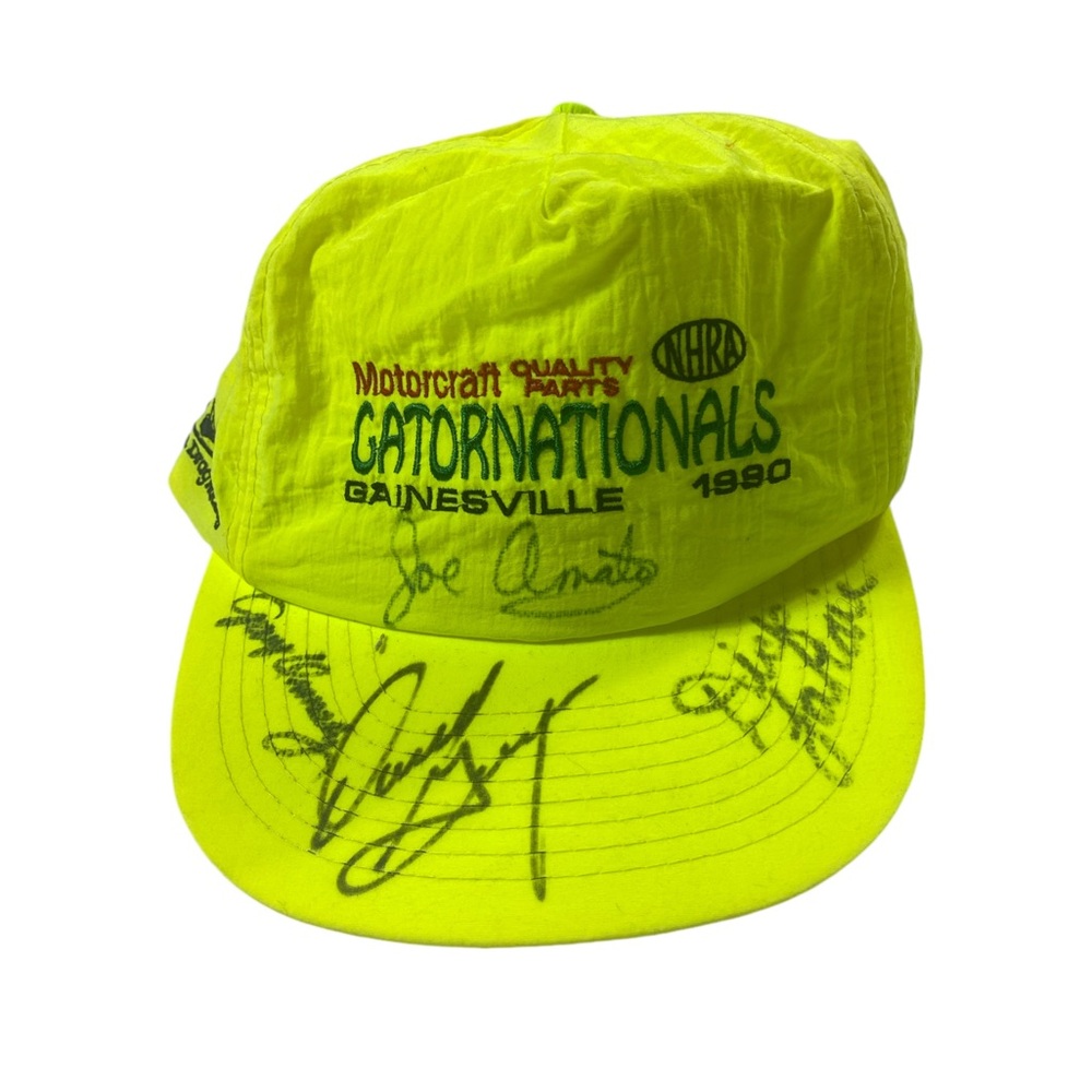 Vintage Autographed 1990 NHRA Racing SnapBack Gator Nationals Highlighter Red